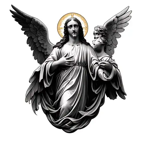 detailed catholic sork with two angels  tattoo design idea