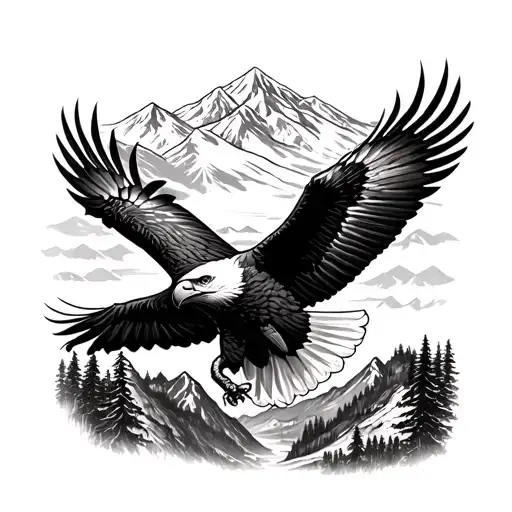 A detailed blackwork tattoo of a majestic bald eagle soaring over a mountain landscape, symbolizing patriotism and the beauty of the outdoors tattoo design idea