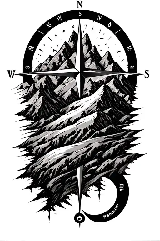 compass rose with intricate geometric mountains tattoo design idea