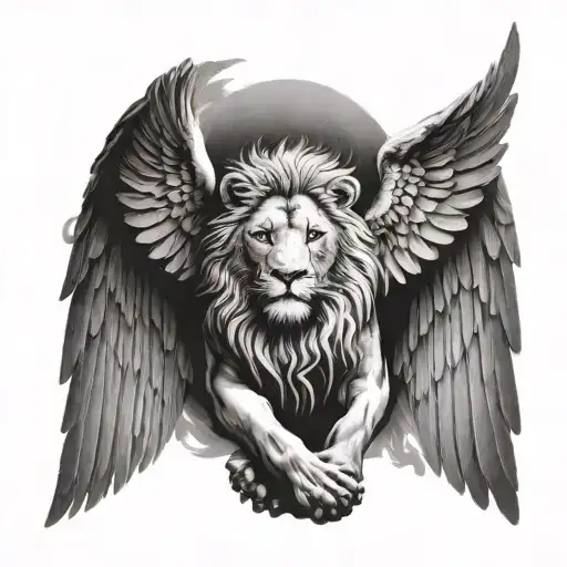 lion head and angel wings spread wings looking tattoo design idea