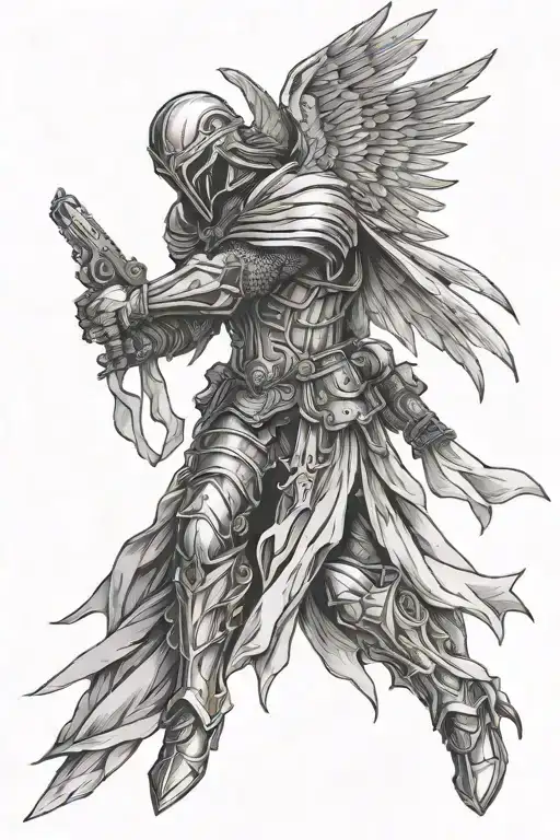 Tyrael style archangel holding pistols crossing each other tattoo design idea