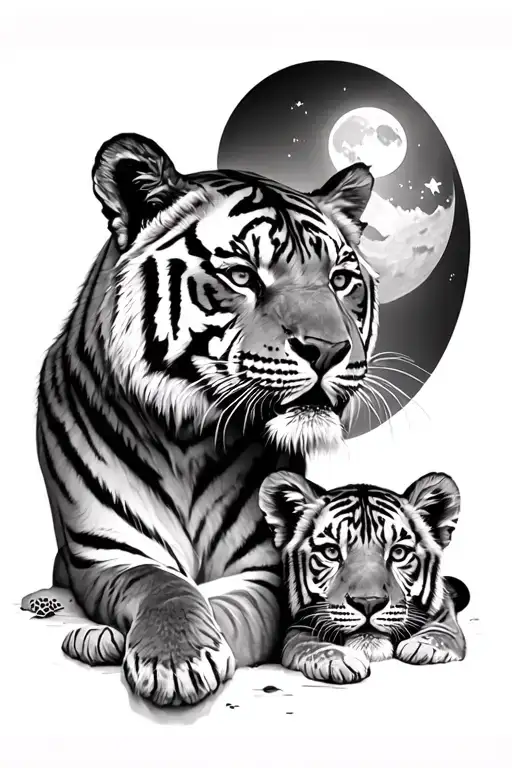 tiger, 2 cubs, moon tattoo design idea