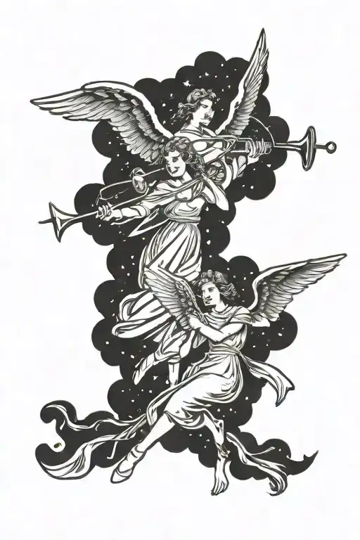 two angels flying one with spear one with trumpet, flying together  tattoo design idea