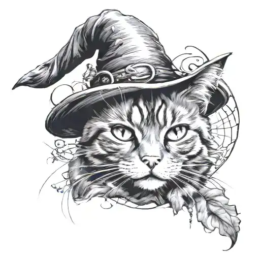 cat + halloween + witch tattoo design idea