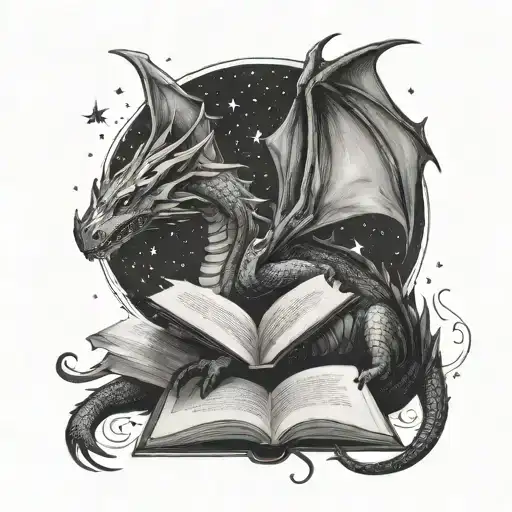 dragon, book, thestral, ribbon, stars tattoo design idea