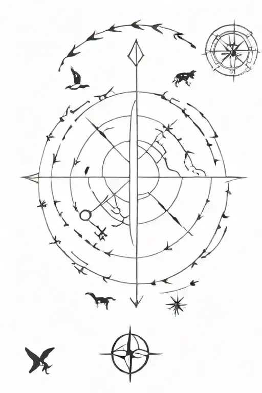 A minimalist compass design with different animal tracks leading in various directions, reflecting your love for travel and animals tattoo design idea