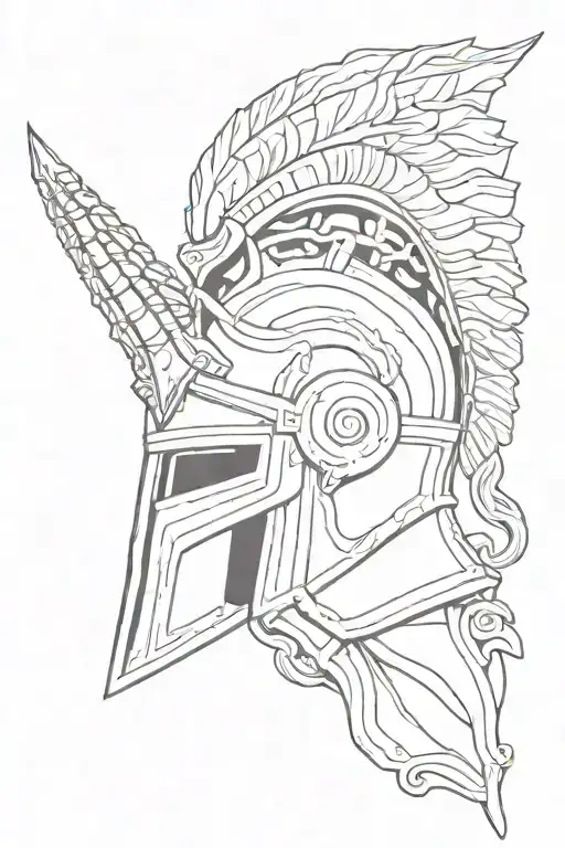 the geek god ares, horns on traditional Greek helmet in a 3/4 view through camera lens tattoo design idea