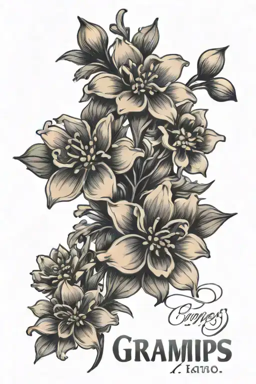 small bunch of forget me not and chrysanthemum flowers with the stems transforming to the word "gramps" tattoo design idea