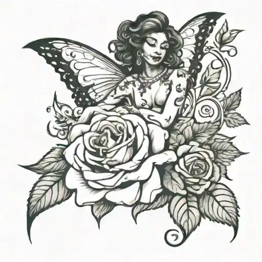 rose with leave vine and African American fairy sitting tattoo design idea