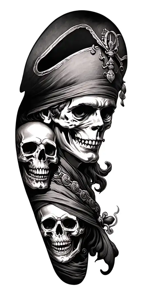 Pirate themed full sleeve with queen Anne's revenge and krakken with skull theme filler tattoo design idea