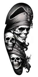 Pirate themed full sleeve with queen Anne's revenge and krakken with skull theme filler tattoo design idea