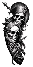 Pirate themed full sleeve with queen Anne's revenge and krakken with skull theme filler tattoo design idea