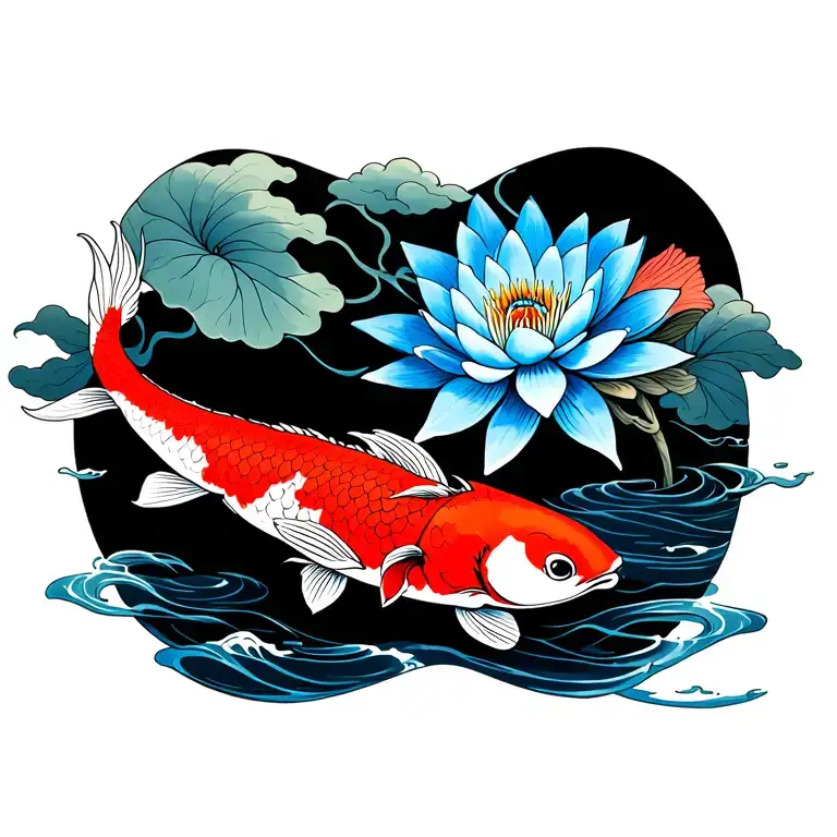 features a red Koi fish, a blue lotus flower, and traditional-style water and clouds tattoo design idea