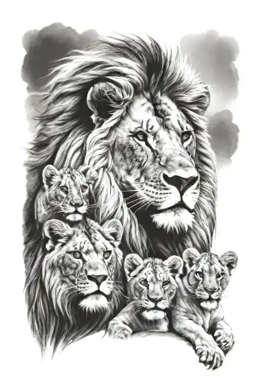 male lion with 3 cubs tattoo design idea