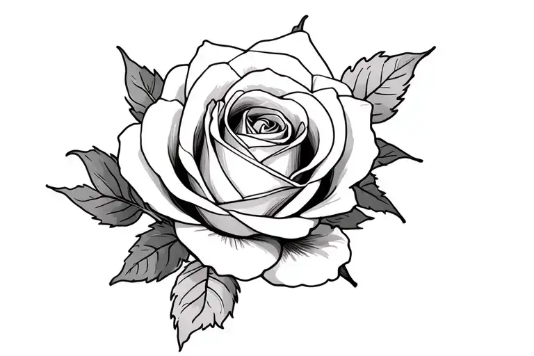 black and grey tattoo, single rose, detailed petals, shaded leaves, realistic style, 3-4 inches, soft shading, elegant tattoo design idea