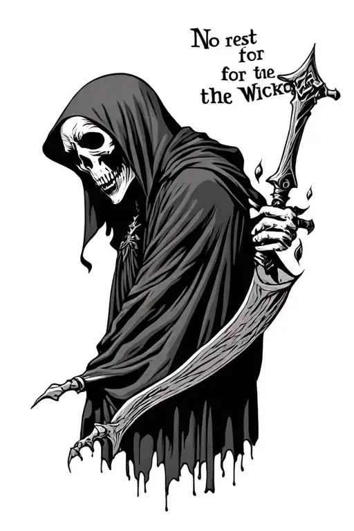 grim reaper with words no rest for the wicked neck tattoo tattoo design idea
