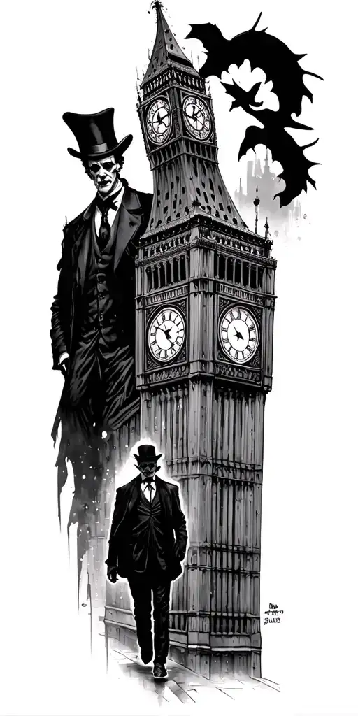 Jekyll And Hyde big ben jack the ripper walking down city tattoo design idea