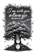 The words "I am with you always - Matthew 28:20" with adead tree and little clock and fill blank area with line designs  tattoo design idea