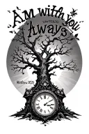 The words "I am with you always - Matthew 28:20" with adead tree and little clock and fill blank area with line designs  tattoo design idea
