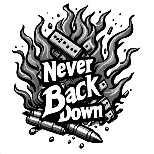 flames with dominos falling and 9 mm bullets title that says : never back down  tattoo design idea
