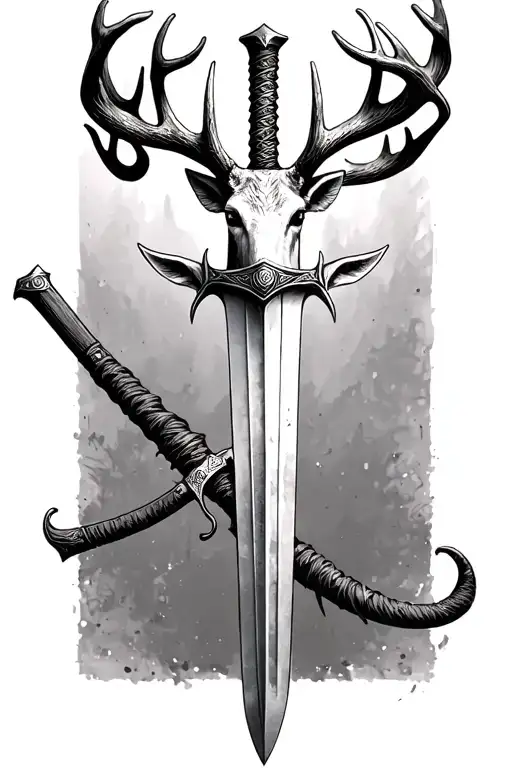 thin swords wrapped  with deer head handle  tattoo design idea