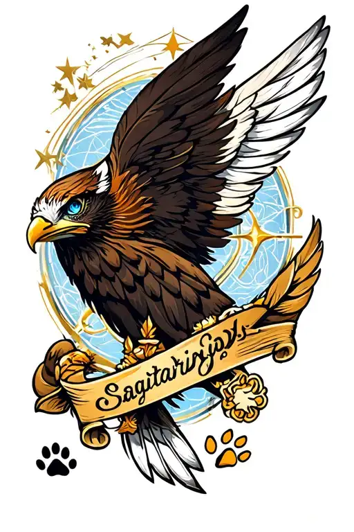 half sleeve of eagle Wing feathers with blue eyes and sagittarius sign and cat paw print tattoo design idea