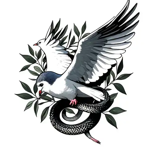 A Dove mid air With its wings spread wide and a serpent wrapping around it not in malice but in sync + Olive branches tattoo design idea