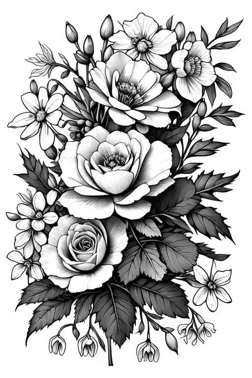 arrangement of carnations, snowdrops, roses, honeysuckles, water lily, larkspur, gladiator, poppy, holly, and narcissus tattoo design idea