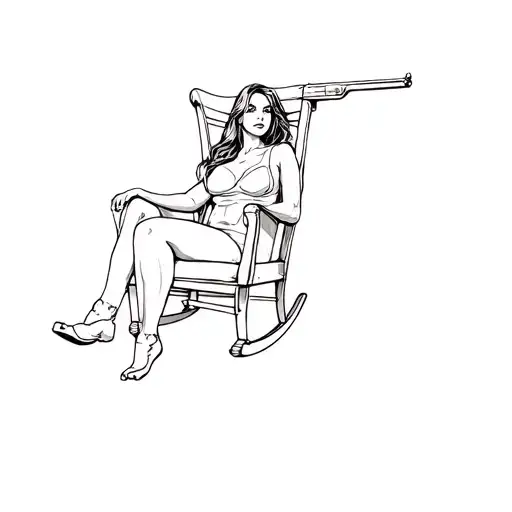 woman sitting rocking chair with shotgun western tattoo design idea