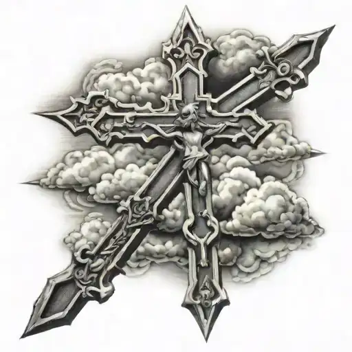 Christian Cross with clouds tattoo design idea