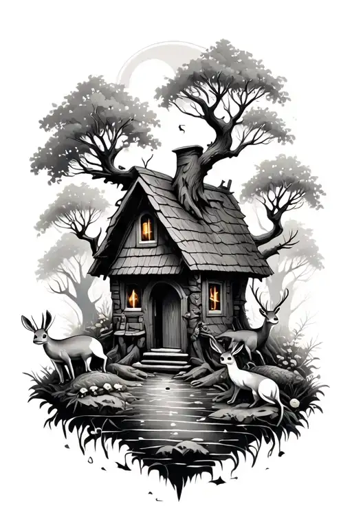 mystical forest scene with a hobbit-style cottage nestled among ancient trees, surrounded by frogs, deer, and hares. tattoo design idea