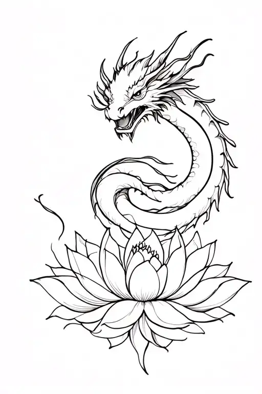 A minimalist line tattoo of a dragon wrapped around a lotus, in black ink tattoo design idea