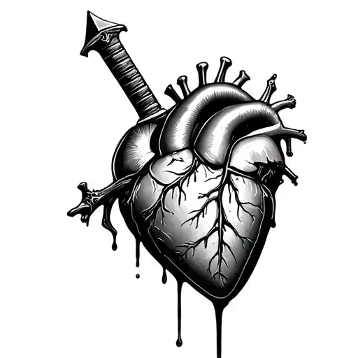 anatomical correct heart pierced fully through by a dagger from the top down with blood dripping from the tip of the dag tattoo design idea