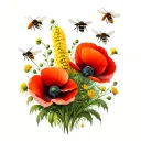 red poppies and wattle flowers with bees flying tattoo design idea