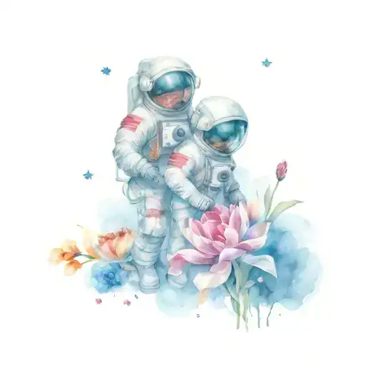 Spaceman and astronaut drawing flowers tattoo design idea