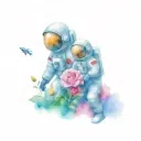 Spaceman and astronaut drawing flowers tattoo design idea