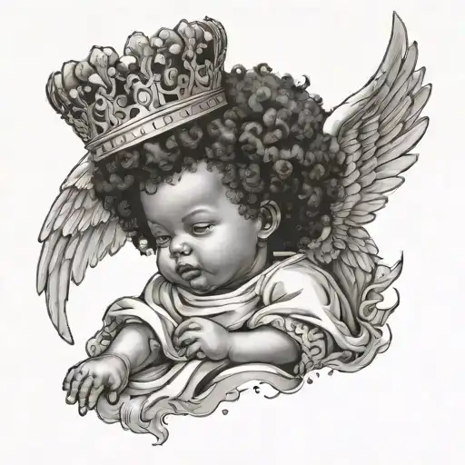 baby angel with crown tilting on his head with an afro and under it it has a posiden tritrnt with born royalty tattoo design idea
