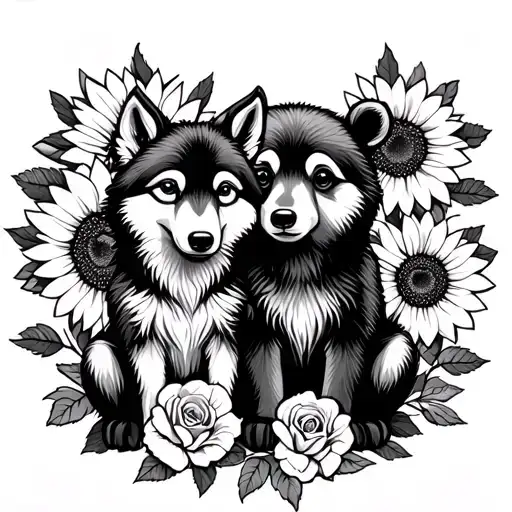  cute baby wolf and bear sitting with sunflowers and roses. black tattoo design idea