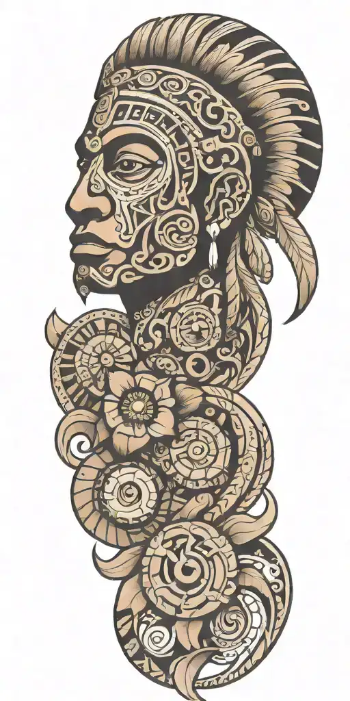A Taino-inspired sleeve tattoo featuring coquí as part of a larger narrative of cultural heritage and pride tattoo design idea