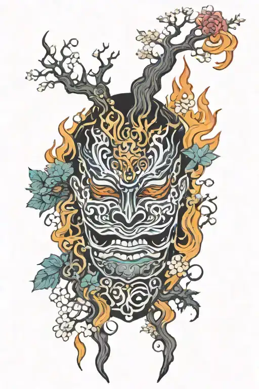 tree of life fonix whit fire flames theatre mask holding tattoo design idea