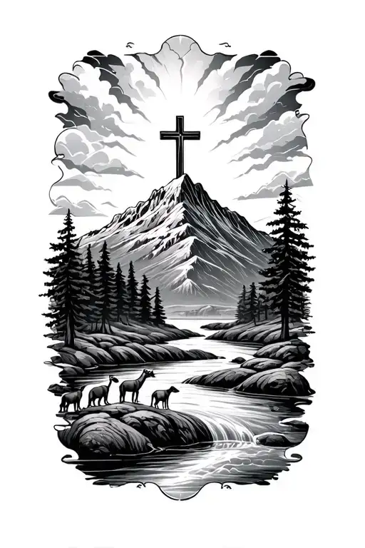 mountain with cross on top and river flowing with animals drinking out of the river  tattoo design idea