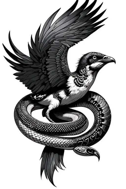 Quetzal bird flying and aztec snake tattoo design idea