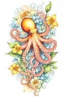 octopus, snowdrop, rose,  marigold flower tattoo design idea