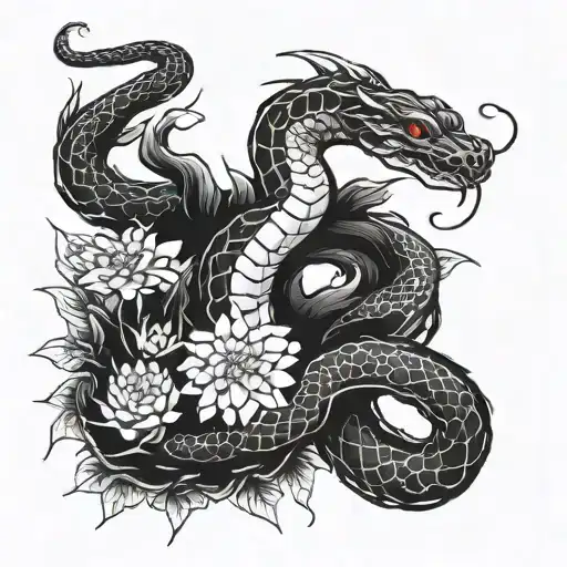 Japanese style snake with chrysanthemums and red spider lily intertwined on a tree with brush stokes tattoo design idea
