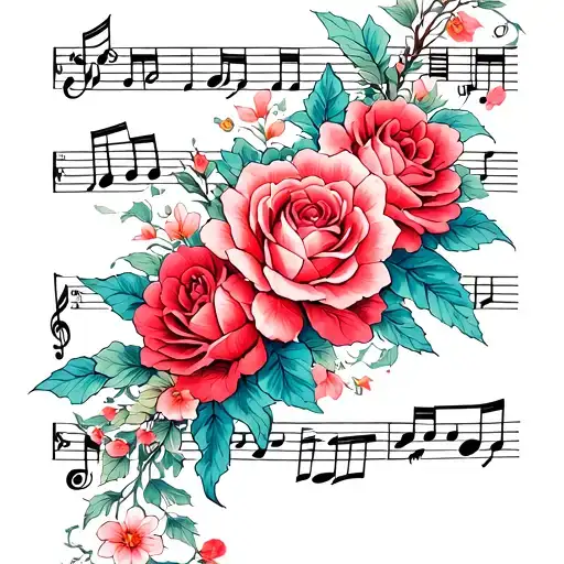 dainty spine tattoo with music notes and roses tattoo design idea
