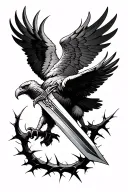 eagle with wings spread wide, talons holding a sword that's blade turns to thorns  tattoo design idea
