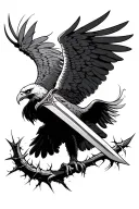 eagle with wings spread wide, talons holding a sword that's blade turns to thorns  tattoo design idea