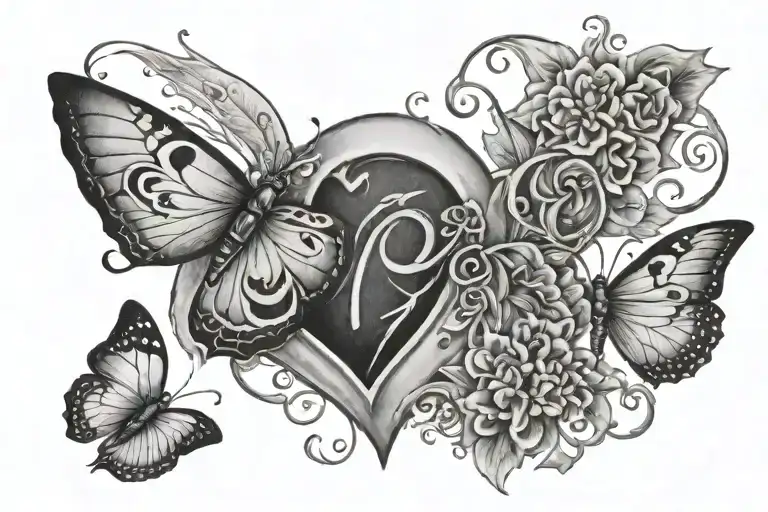 a tattoo stencil with II.XXVIII.MMVI and half a heart on the II and a small butterfly on MMVI tattoo design idea