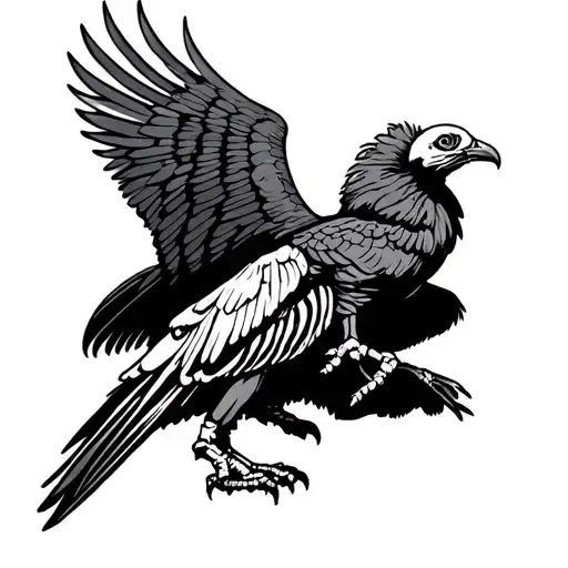 A dramatic, stylized turkey vulture in a descending or diving pose with a skeletal element in the wing tattoo design idea