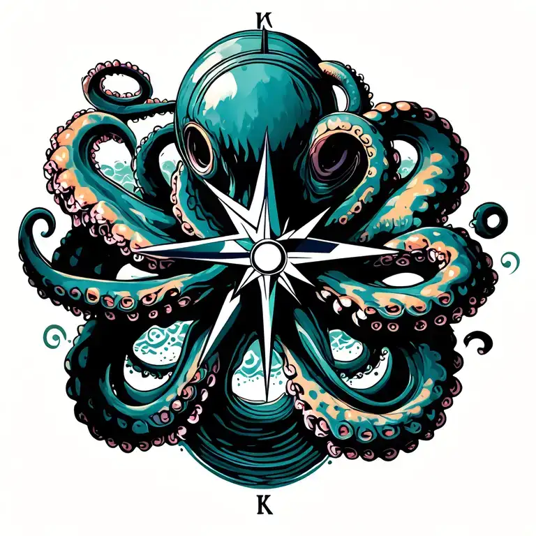kracken octopus hold compass with waves, tentacles spread out tattoo design idea